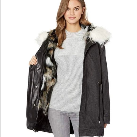 Avec Les Filles Faux Fur Trim Denim Parka - Picture 1 of 10